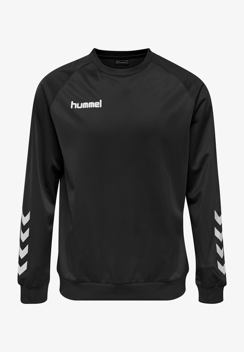 Sweatshirt noir à manches longues avec des manches raglan, présentant un logo blanc et des accents de motif en chevron sur les manches. Tissu lisse et léger.