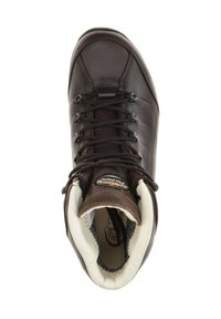 Chaussure de randonnée marron en cuir avec un col rembourré, un design à lacets et une doublure intérieure crème contrastante. Présente un logo sur la languette.