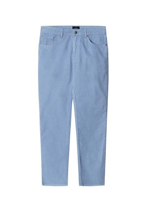 Hellblaue Baumwollhosen mit einem Knopfverschluss, zwei Fronttaschen und einem geraden Bein. Glatte Textur und minimales Design.