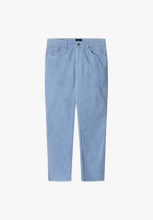 Lichtblauwe katoenen broek met knoopsluiting, twee zijzakken en een recht gesneden ontwerp. Zachte textuur en minimale detaillering.