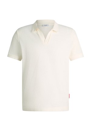 Kurzärmeliges Poloshirt in Cremeton mit Struktur, einem Kragen und offenem V-Ausschnitt, versehen mit einem kleinen roten Seitenschild.