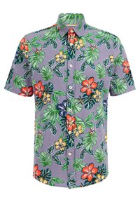 Kortärmad skjorta i bomull med en lila bakgrund och livliga tropiska blomm önster och bladmönster i grönt, orange och gult.