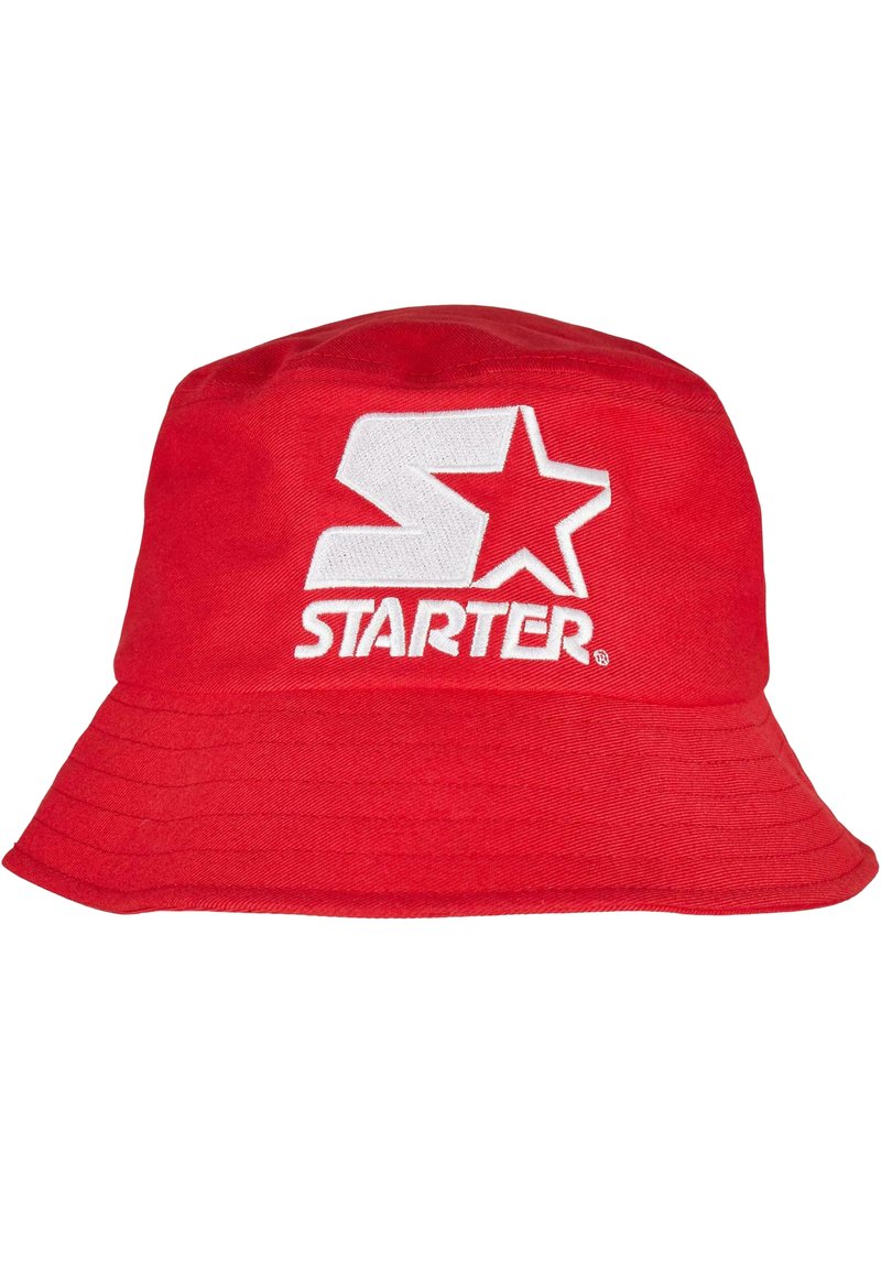 Crvena kapa s širokim obodom napravljena od pamuka. Sadrži bijelu vezeno logo s zvijezdom i riječju "STARTER". Širok, fleksibilan obod.