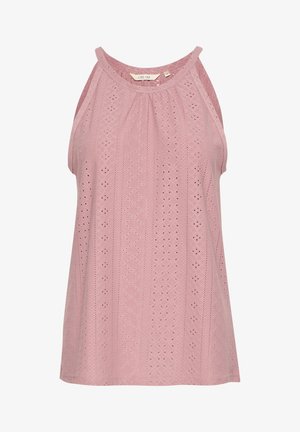 Svetlo roza brezrokavnik iz teksturirane tkanine s kvadratnimi in okroglimi izrezi, okroglo dekoltejem in ohlapnim krojem.