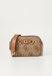 Borsa a tracolla marrone a motivo con una tracolla in pelle liscia, hardware in tono oro e un dettaglio del logo ben visibile sul fronte.