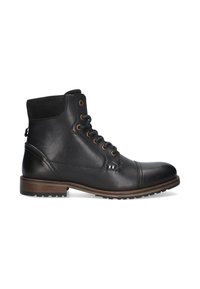 Botas de cuero negro hasta el tobillo con un acabado suave, diseño con cordones, detalles en marrón, suela de goma y cuello acolchado para mayor comodidad.