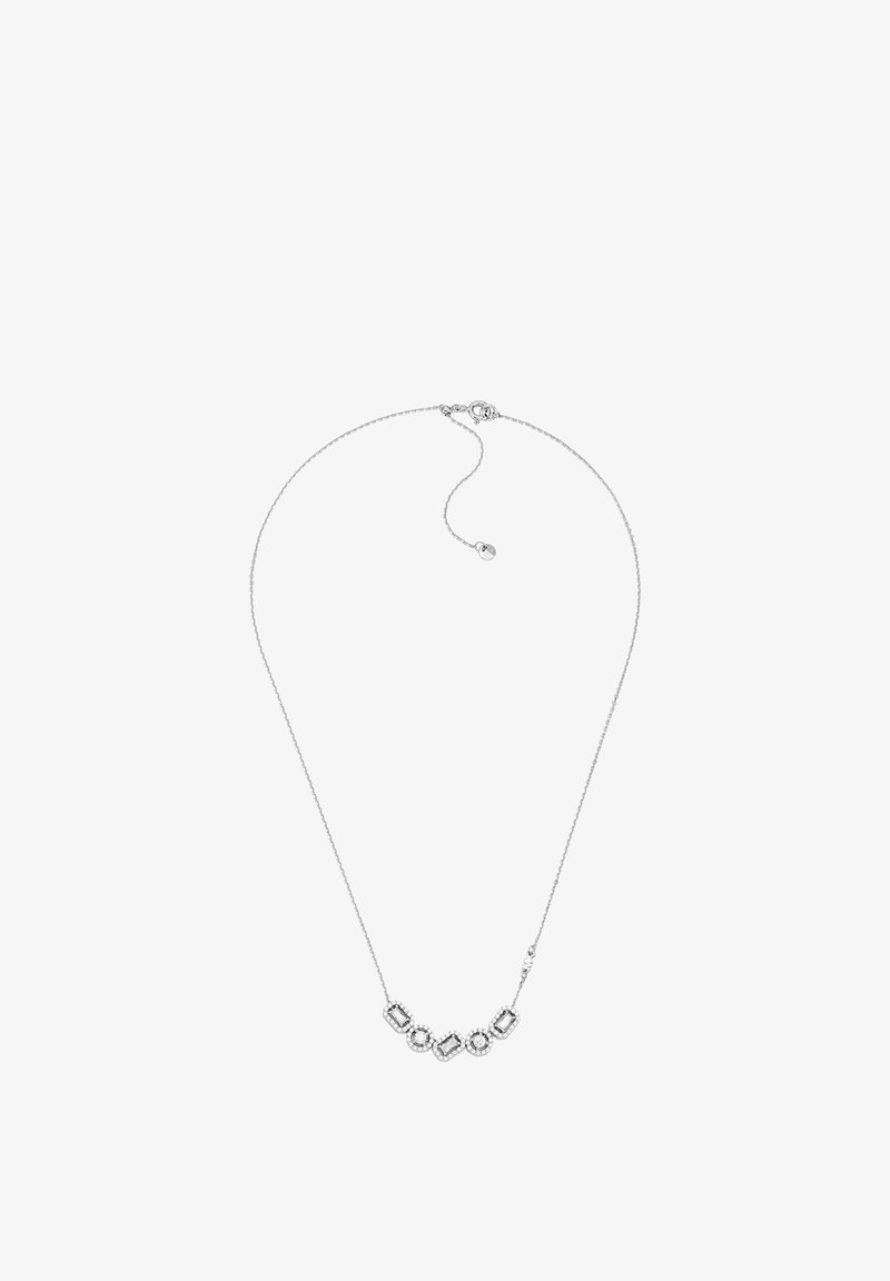 Collier en argent avec cinq pierres géométriques à finition scintillante, reliées par une chaîne délicate, avec un fermoir réglable.