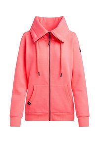 Coral zip-up hoodie with large collar, drawstring, and two front pockets. Features ribbed cuffs and an accent logo on the sleeve.