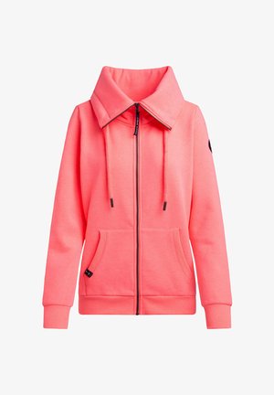 Coral zip-up hoodie with large collar, drawstring, and two front pockets. Features ribbed cuffs and an accent logo on the sleeve.