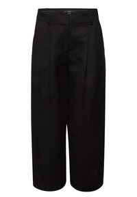 Pantalon large noir taille haute avec passants de ceinture, plis devant et fermeture frontale cachée.