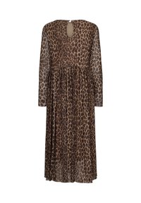 Robe midi à manches longues avec imprimé léopard marron et noir, taille cintrée, et petite fermeture bouton avec œillet dans le dos au niveau de l'encolure.