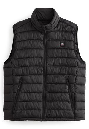 Czarna pikowana bezrękawnik z przednim zamkiem błyskawicznym, stojącym kołnierzem, dwoma zamykanymi na zamek kieszeniami oraz małym logo góry na lewej piersi.