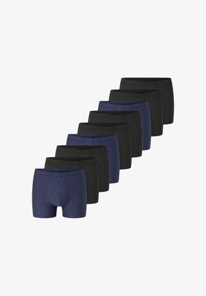 Nine pairs of boxer briefs; eight solid black, one navy with vertical stripes. Cotton blend fabric, elasticized waistband, and fitted design.