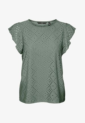 Green cotton top featuring short ruffled sleeves, diamond-shaped cutouts, and a textured surface. Round neckline, loose fit.