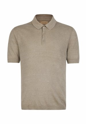 Polo beige a maniche corte con tre bottoni e collo e polsini a coste, realizzata in morbido tessuto a maglia.