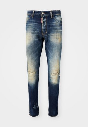 Slim-Fit blaue Jeans aus Denim mit ausbleichendem Waschlook und abgetragenen Details an den Knien, ausgestattet mit Knopfverschluss und Fronttaschen.