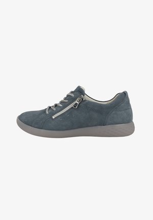 Gray suede sneaker with round toe, lace-up design, side zipper, and textured gray sole. Perforated detailing on the upper.