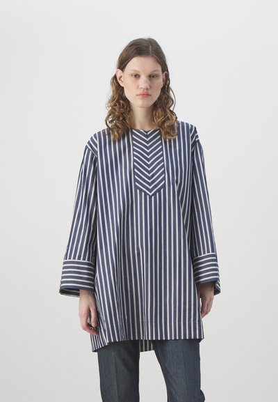 Tunique rayée bleue et blanche avec des manches longues, un décolleté en V et une coupe décontractée, fabriquée en tissu léger.