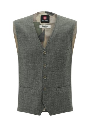 Graue, ärmellose Weste aus strukturiertem Stoff, mit fünf Knöpfen, zwei Vordertaschen und einem Futter mit Tarnmuster.