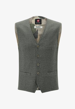 Graue, ärmellose Weste aus strukturiertem Stoff, mit fünf Knöpfen, zwei Vordertaschen und einem Futter mit Tarnmuster.