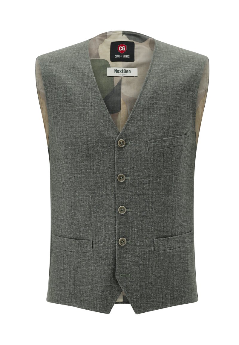 Graue, ärmellose Weste aus strukturiertem Stoff, mit fünf Knöpfen, zwei Vordertaschen und einem Futter mit Tarnmuster.