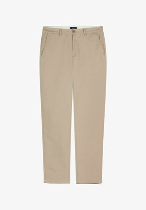 Beżowe spodnie chino o prostych nogawkach, z pętelkami na pasek, bocznymi kieszeniami, zapięciem na guziki i suwakiem.