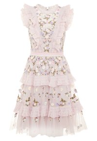 Light pink dress featuring floral embroidery, tiered ruffles, and a fitted bodice. Made of sheer fabric with a textured finish.