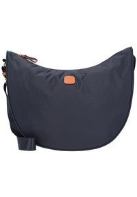 Borsa a spalla in nylon blu navy con una texture liscia, forma curvilinea e un accento in pelle beige. Presenta una sola tracolla regolabile e chiusura con zip.