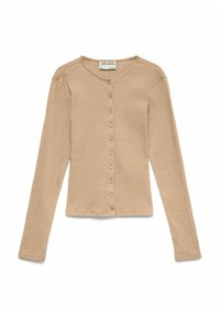 Cardigan beige à manches longues côtelé avec encolure ronde et fermeture à boutons sur le devant, coupe slim, style décontracté.
