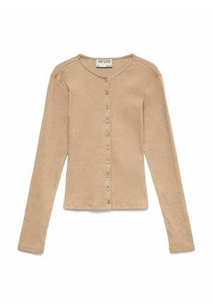 Beige, lange mouwen, geribbelde cardigan met ronde hals en knoopsluiting aan de voorkant, slim fit, casual stijl.