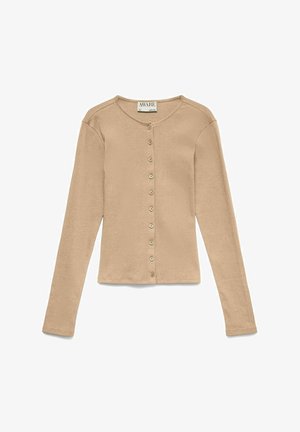 Cardigan beige à manches longues côtelé avec encolure ronde et fermeture à boutons sur le devant, coupe slim, style décontracté.