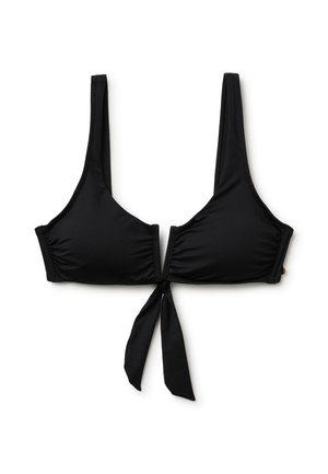 Czarny top od bikini z szerokimi ramiączkami, marszczonymi miseczkami, głębokim wycięciem w kształcie litery V z przodu oraz wiązanym supełkiem wiszącym poniżej linii biustu.