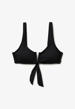 Czarny top od bikini z szerokimi ramiączkami, marszczonymi miseczkami, głębokim wycięciem w kształcie litery V z przodu oraz wiązanym supełkiem wiszącym poniżej linii biustu.