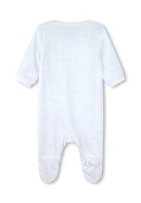 Bodysuit blanc pour bébé en tissu doux avec des manches longues et un design à pieds. Présente un motif de cœurs subtil sur l'ensemble et des manches à poignets.