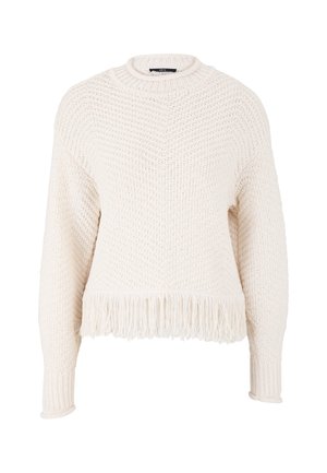 Knit sweater in cream with a textured weave, round neck, and long sleeves. Features a fringe hem detail at the bottom edge.