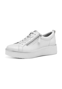 Sneaker in pelle bianca con un accento argento, punta tonda, suola platform e dettaglio decorativo con zip sul lato. Design con lacci.