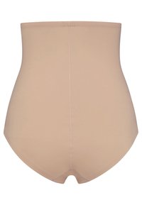 Pantalones cortos moldeadores de talle alto en color beige, confeccionados con una tela suave. Presentan un diseño sin costuras con una costura central en la parte posterior y una abertura en la pierna curvada.