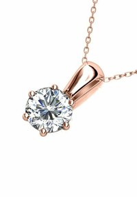 Collana con pendente in oro rosa caratterizzata da un gemma trasparente rotonda incastonata in sei griffe. La catena è sottile con piccoli segmenti interconnessi.