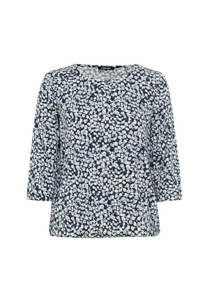 Navyblaue Bluse mit Dreiviertelärmeln, die ein weißes Blumenmuster, einen runden Halsausschnitt und eine weiche Stoffstruktur aufweist.