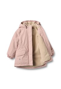 Svetloružová bunda s kapucňou, mäkkou béžovou flísovou podšívkou, pružnými manžetami a predným vreckom. Má zips a zapínanie na cvoky.