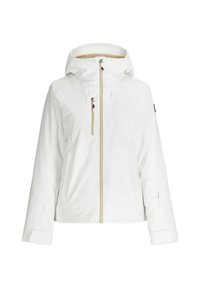 Witte winterjas met capuchon en beige rits, borstzak en verstelbare manchetten, weergegeven met de voorkant naar voren op een witte achtergrond.