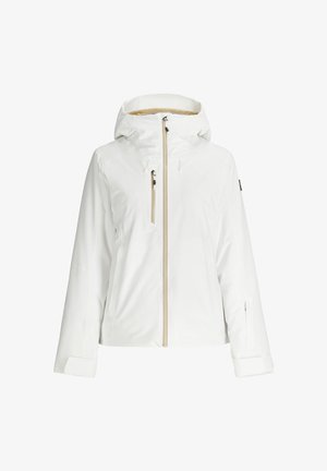 Giacca invernale bianca con cappuccio e zip beige, tasca sul petto e polsini regolabili, mostrata frontalmente su uno sfondo bianco.