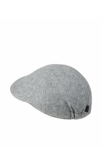 Gray wool cap with a rounded shape, structured peak, and textured fabric. Features a small branded tag on the side, no visible patterns.