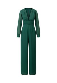 Groene jumpsuit met lange, doorzichtige mouwen, diepe V-hals, gerimpelde taille en wijde pijpen. Glad materiaal met een subtiele glans. Rits aan de achterkant.