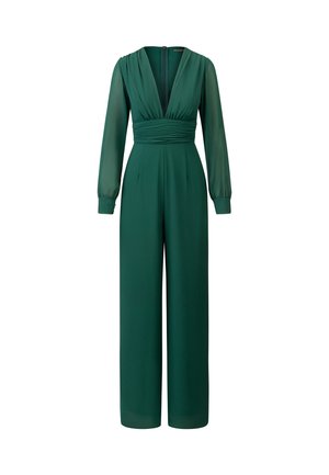 Grüner Jumpsuit mit langen, transparenten Ärmeln, tiefem V-Ausschnitt, gerafftem Taillenbereich und weitem Bein. Glatte Stoffqualität mit einem dezenten Glanz. Reißverschluss auf der Rückseite.