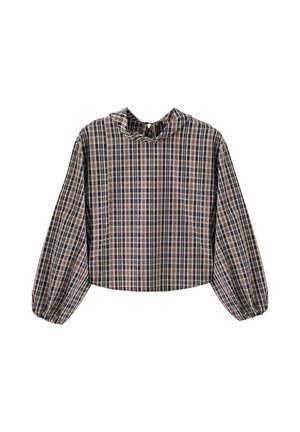 Blusa corta de manga larga con puños elásticos en un patrón de cuadros beige, azul marino y rosa con un pequeño cuello con volante.