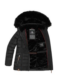 Chaqueta acolchada negra con capucha forrada de piel. Presenta un exterior liso, forro interior rojo, bolsillos laterales con cremallera y etiquetas de marca en el interior.