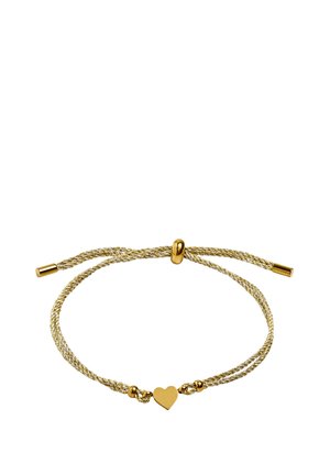 Złocona, regulowana pleciona bransoletka z małą zawieszką w kształcie serca umieszczoną na środku sznurka.