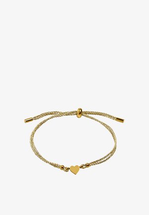 Złocona, regulowana pleciona bransoletka z małą zawieszką w kształcie serca umieszczoną na środku sznurka.