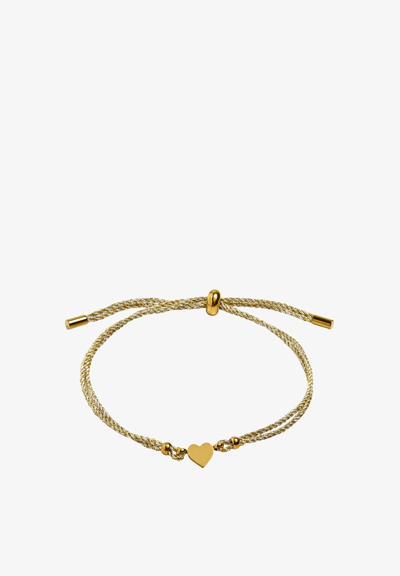 Złocona, regulowana pleciona bransoletka z małą zawieszką w kształcie serca umieszczoną na środku sznurka.